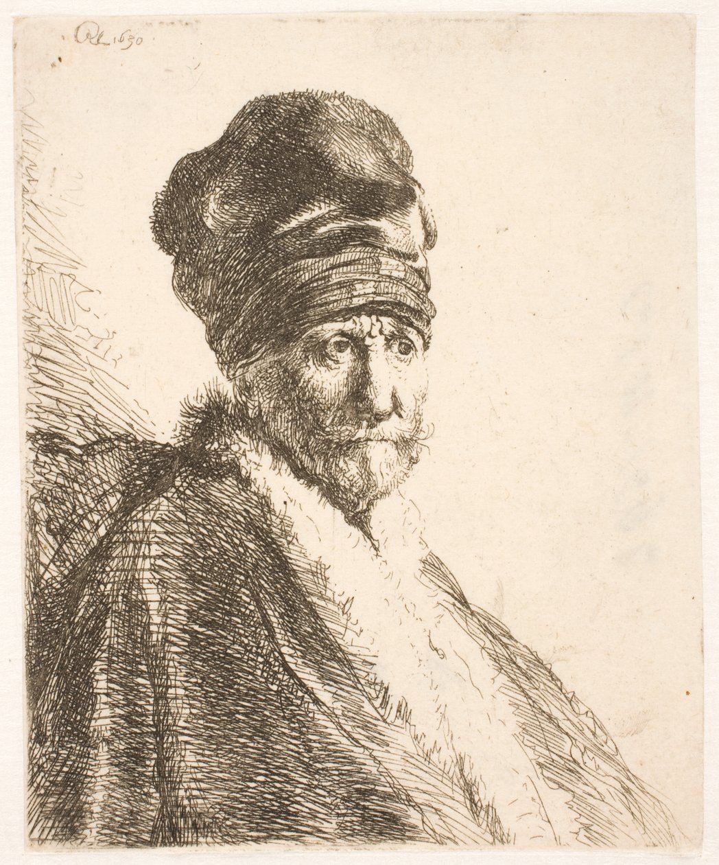 Magas sapkát viselő férfi (Rembrandt apja) mellszobra, háromnegyed profilból alkotó: Rembrandt van Rijn