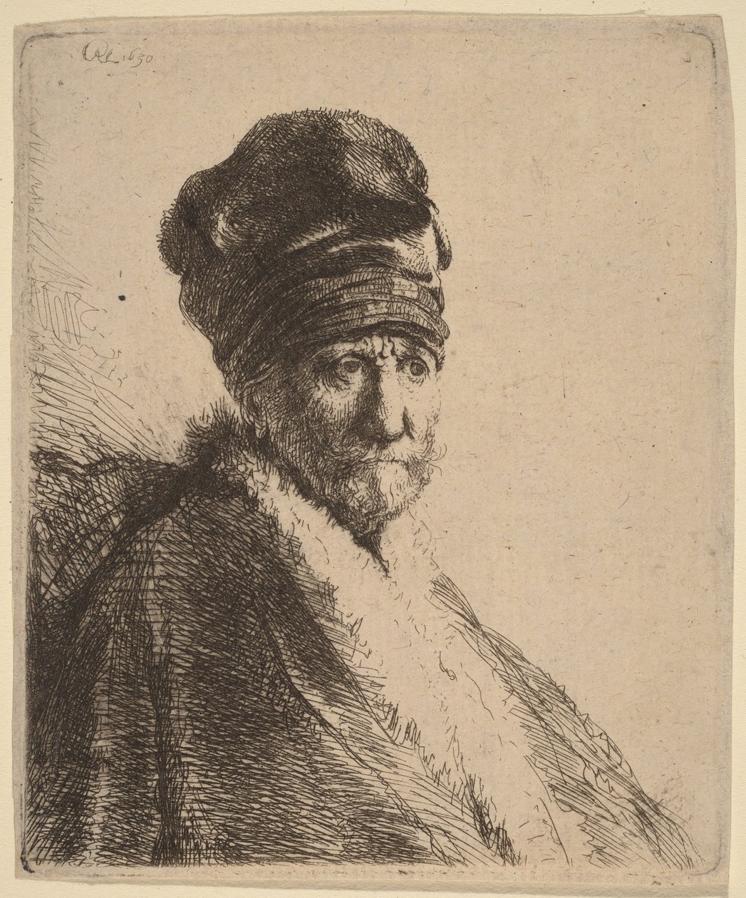 Magas sapkát viselő férfi mellszobra, háromnegyed profilból jobbra (talán a művész apja) alkotó: Rembrandt van Rijn