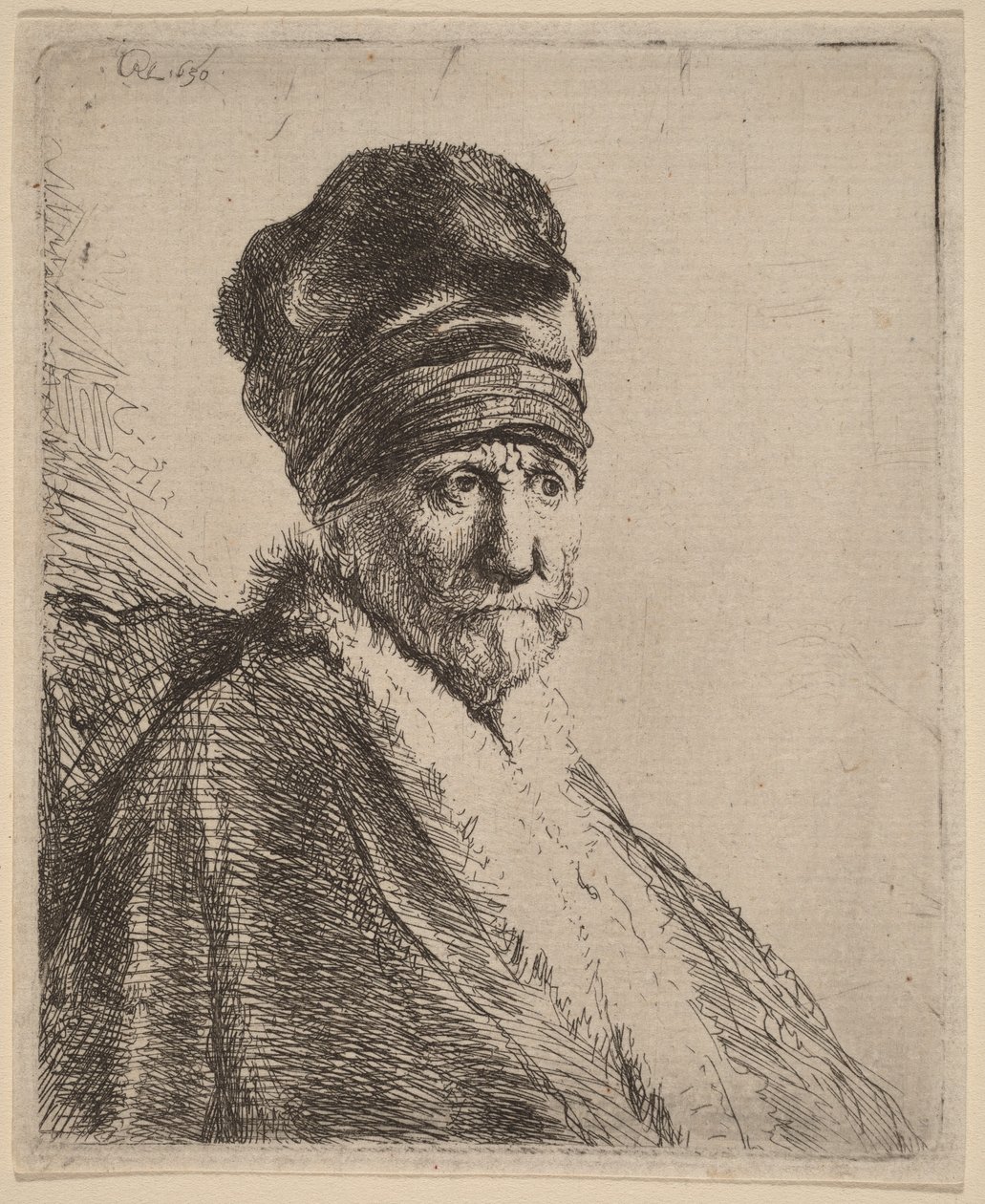 Magas sapkát viselő férfi mellszobra, háromnegyedes jobb oldali nézetből (talán a művész apja) alkotó: Rembrandt van Rijn