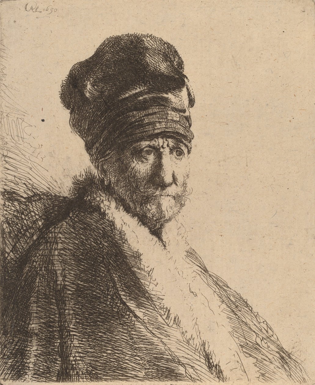 Egy magas sapkát viselő férfi mellszobra, háromnegyed jobbra A művész apja, 1630. alkotó: Rembrandt van Rijn
