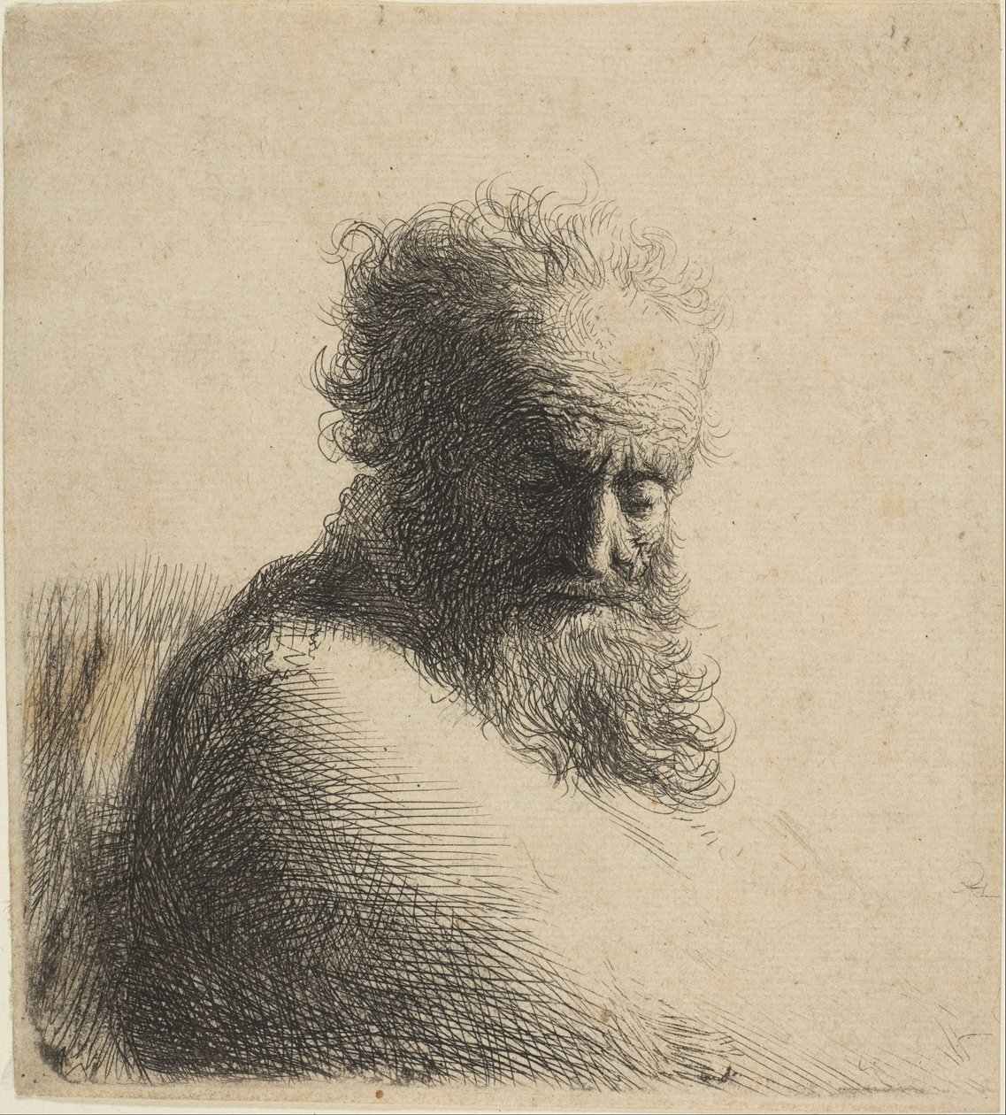 Egy vén szakállas férfi mellszobra lefelé nézve, háromnegyed jobbra, 1631. alkotó: Rembrandt van Rijn