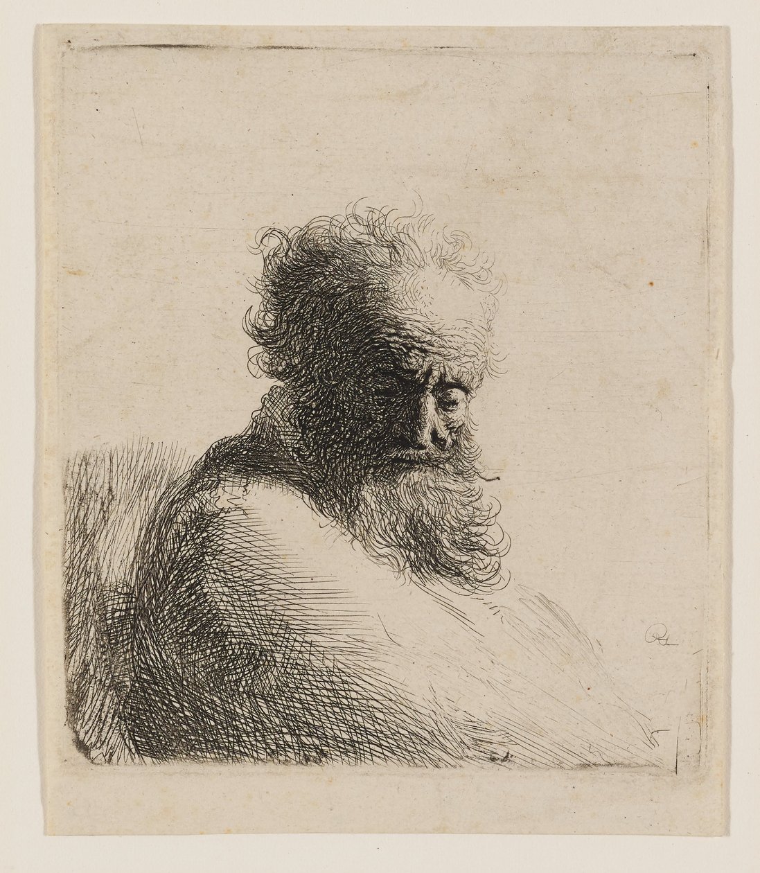 Egy idős, szakállas férfi mellszobra, aki lefelé tekint, háromnegyed profilból jobbra alkotó: Rembrandt van Rijn