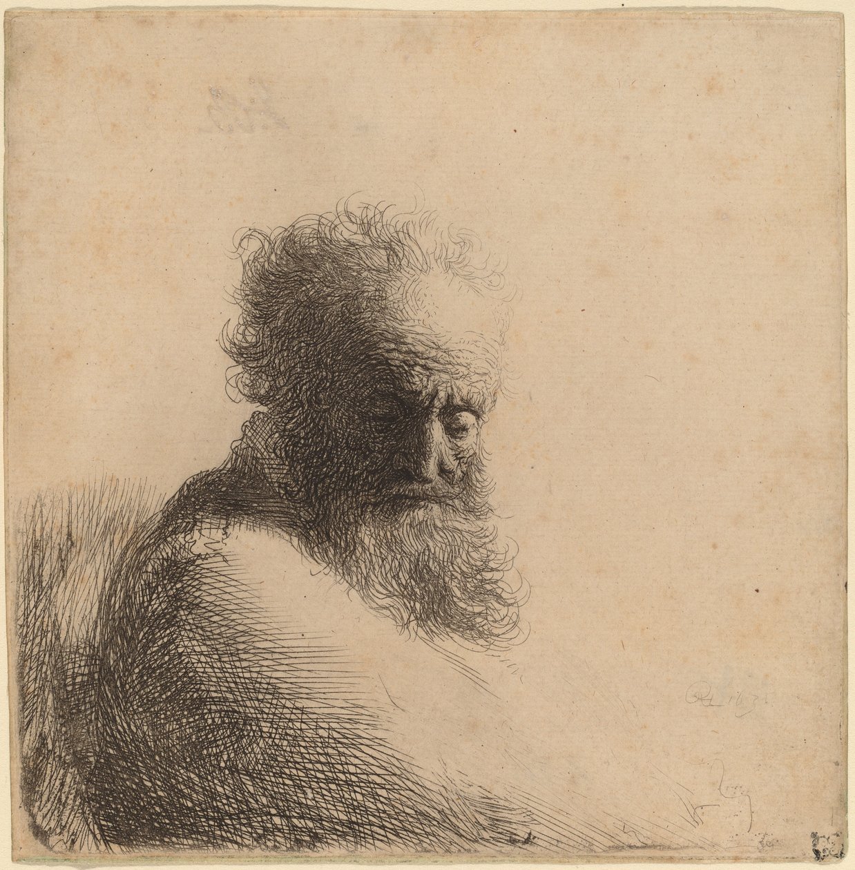 Egy öreg szakállas férfi mellszobra, lefelé nézve, háromnegyed jobbra alkotó: Rembrandt van Rijn