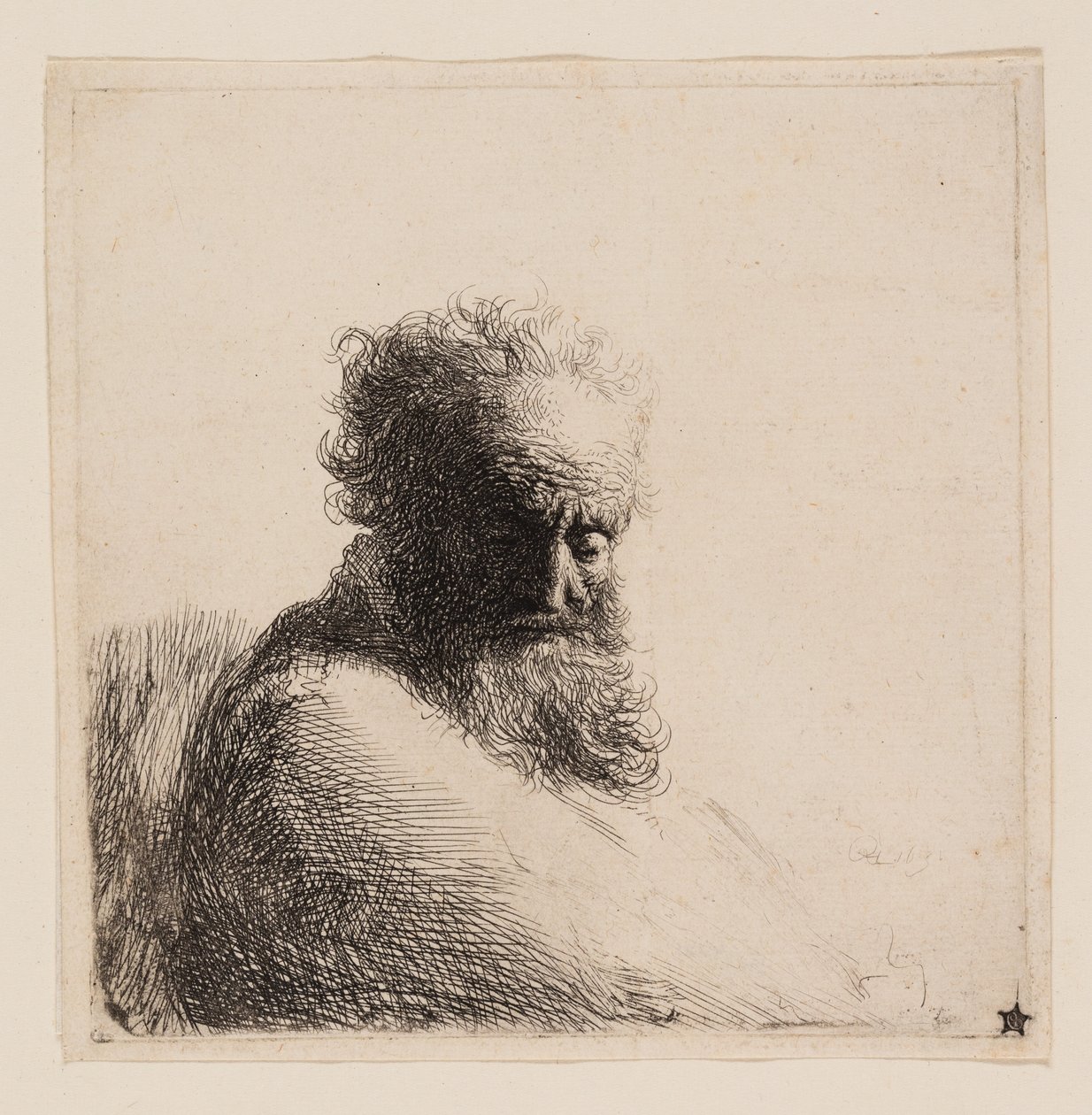 Egy öreg szakállas férfi mellszobra, lefelé nézve, háromnegyed jobbra alkotó: Rembrandt van Rijn