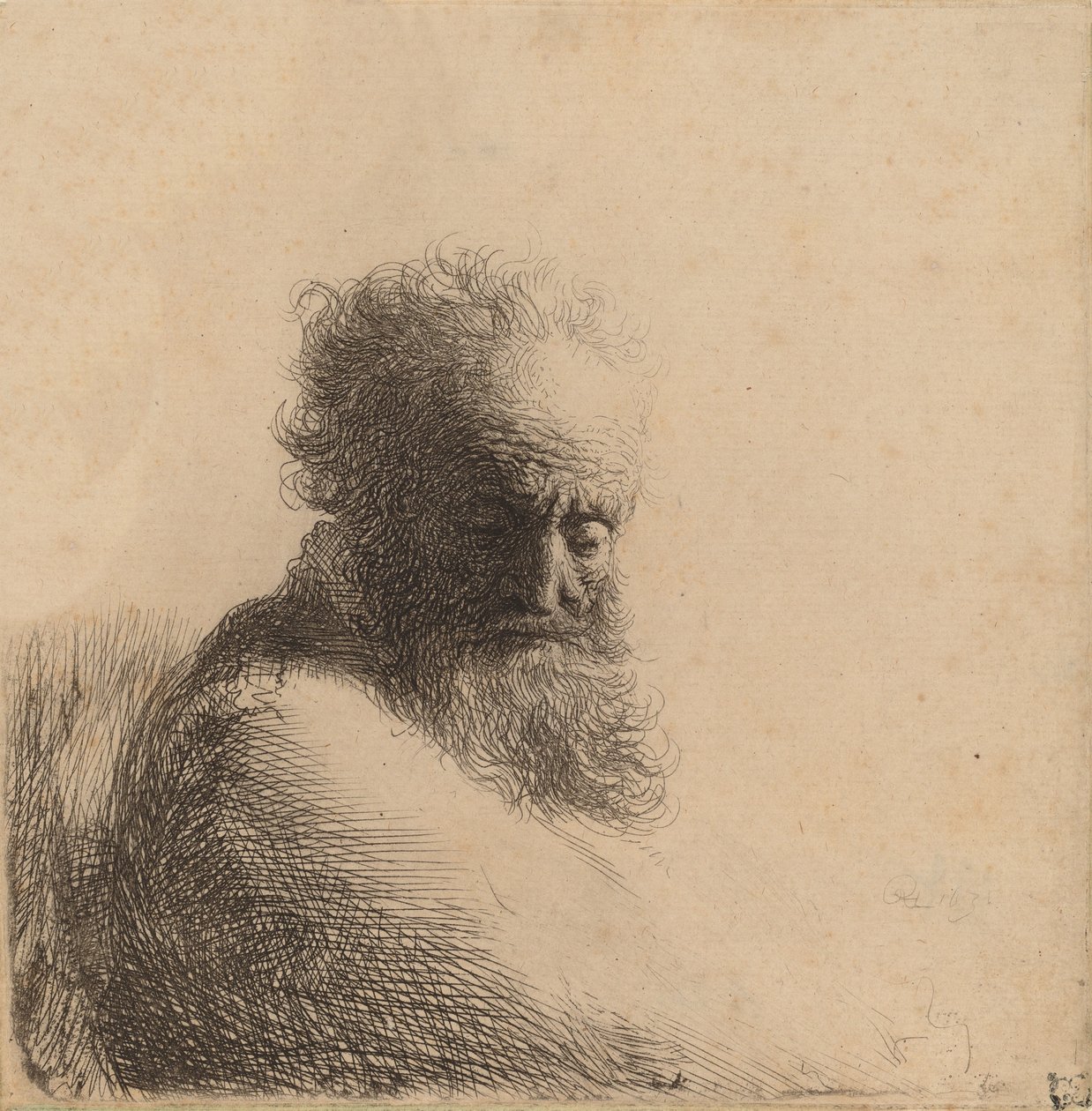 Egy öreg szakállas férfi mellszobra, lefelé nézve, háromnegyed jobbra, 1631. alkotó: Rembrandt van Rijn