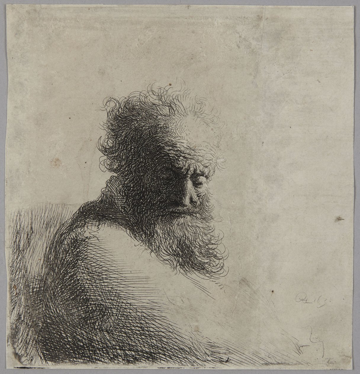 Egy idős férfi mellszobra, lefelé tekintve, háromnegyed profilból jobbra alkotó: Rembrandt van Rijn