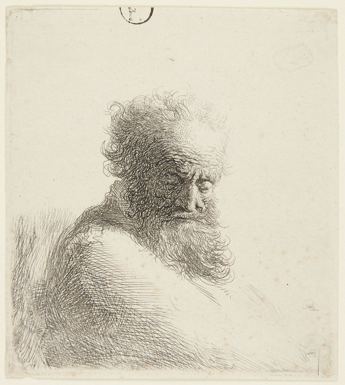 Egy idős férfi mellszobra, lefelé tekintve, háromnegyed profilból jobbra alkotó: Rembrandt van Rijn