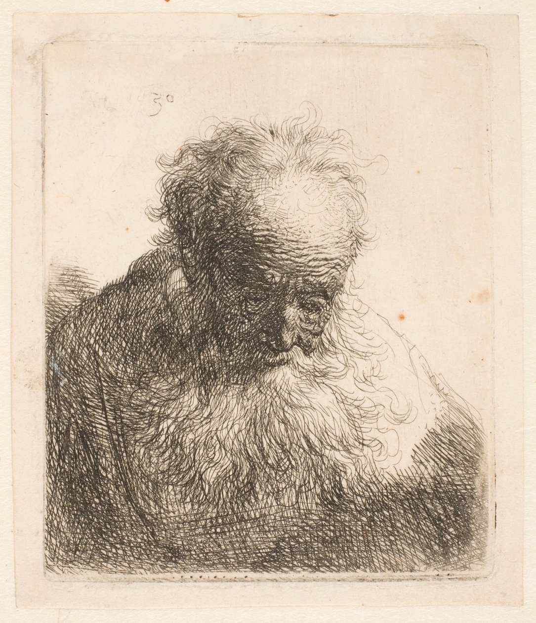 Hosszú szakállú idős férfi mellszobra: előre hajtott fejjel: a bal váll nem árnyékolt alkotó: Rembrandt van Rijn