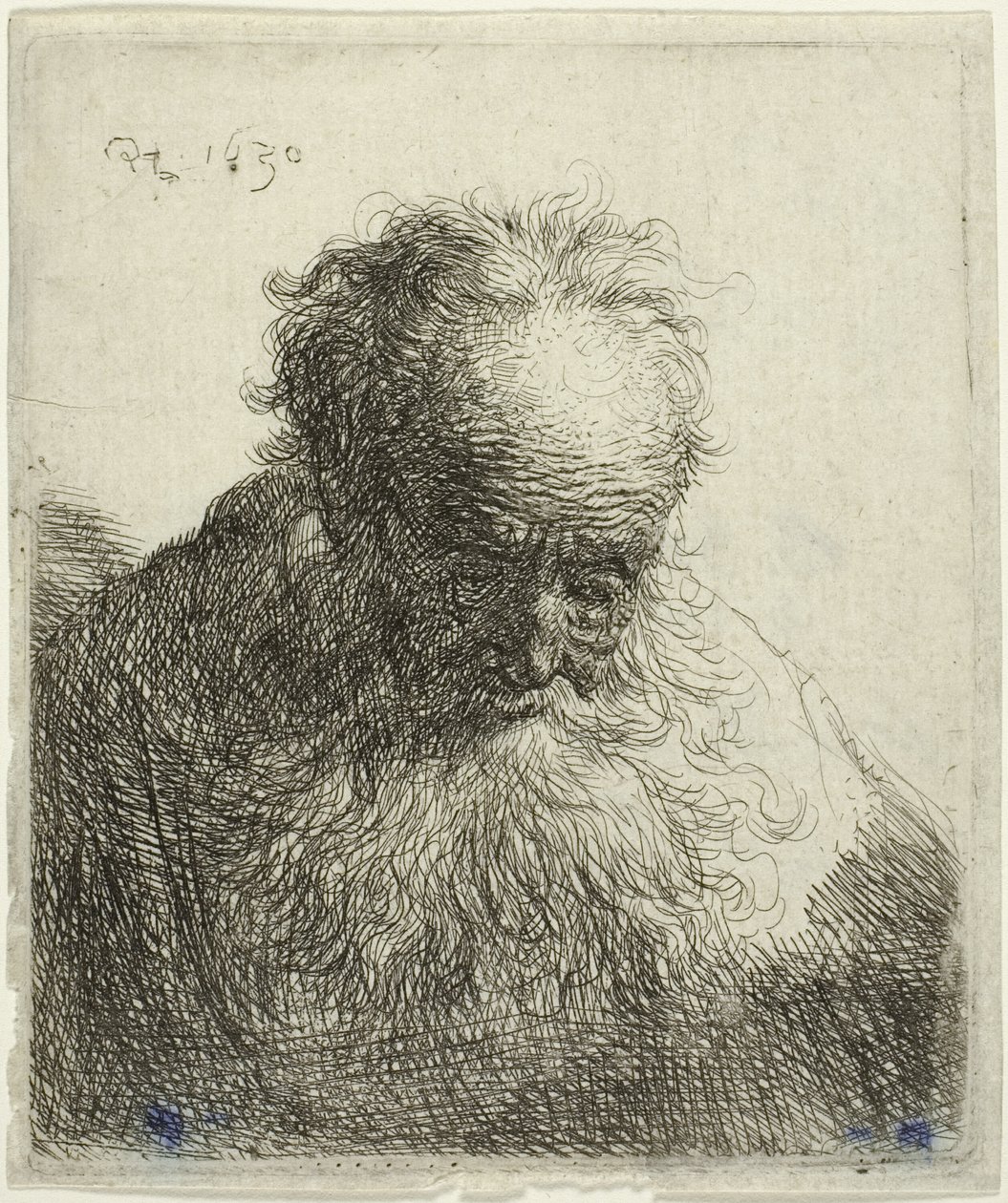 Folyó szakállú öreg férfi mellszobra: Előre hajtott fej: A bal váll árnyékolatlan alkotó: Rembrandt van Rijn