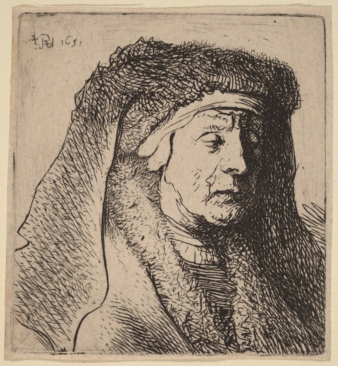 Egy idős asszony mellszobra, szőrme köpenyben és nehéz fejdíszben alkotó: Rembrandt van Rijn