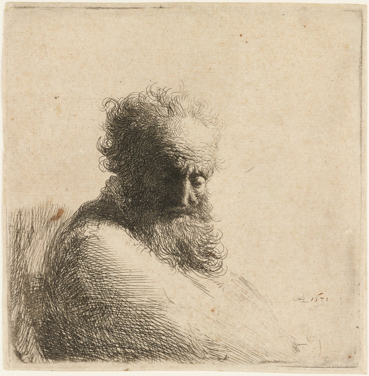 Egy öreg, szakállas férfi mellszobra, lenézve, háromnegyed jobbra, 1631. alkotó: Rembrandt van Rijn