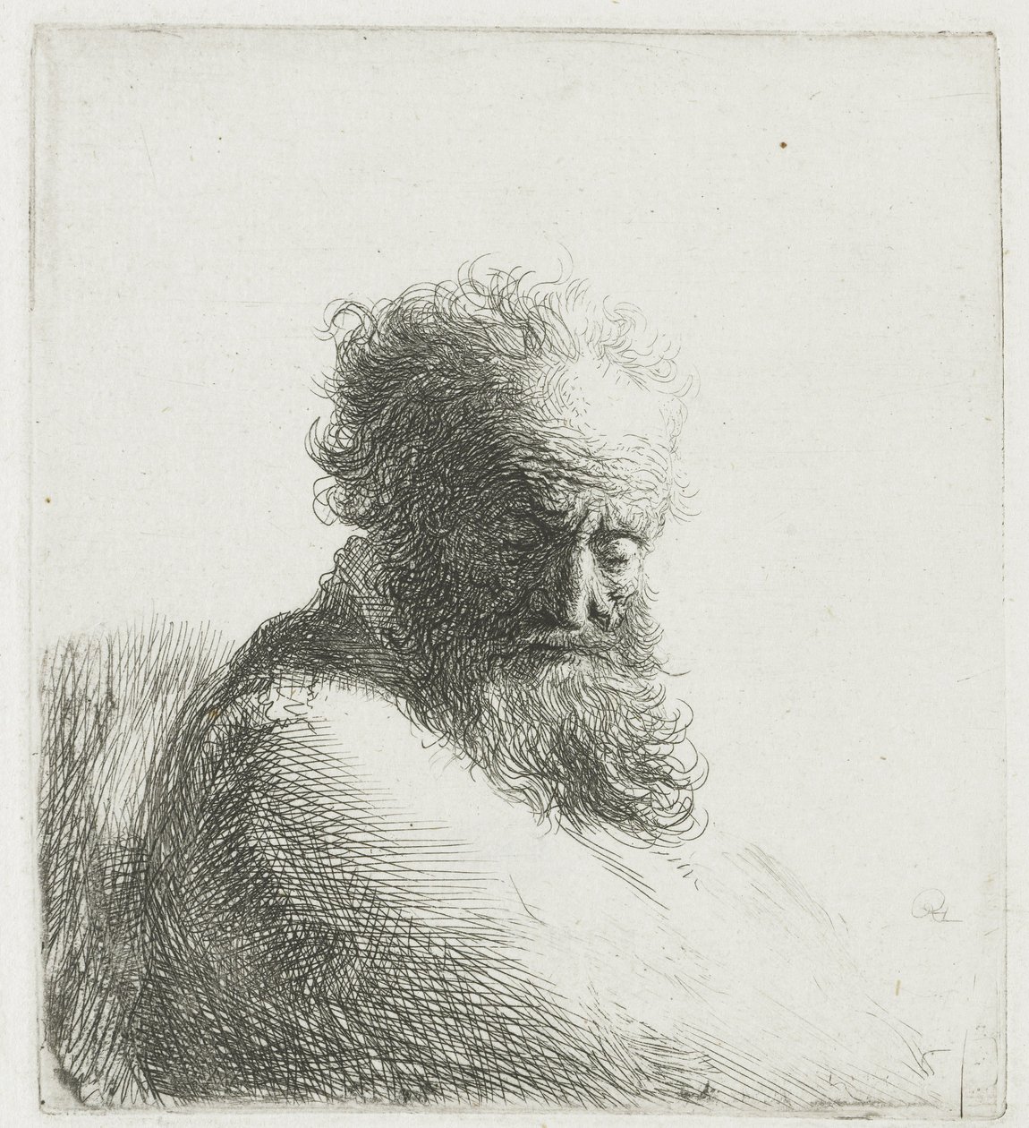 Egy öreg szakállas férfi mellszobra, lenéz, háromnegyed jobbra alkotó: Rembrandt van Rijn