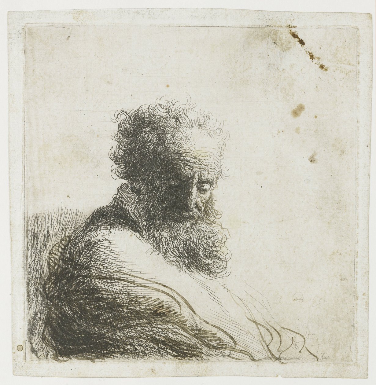 Egy öreg szakállas férfi mellszobra, lenéz, háromnegyed jobbra alkotó: Rembrandt van Rijn