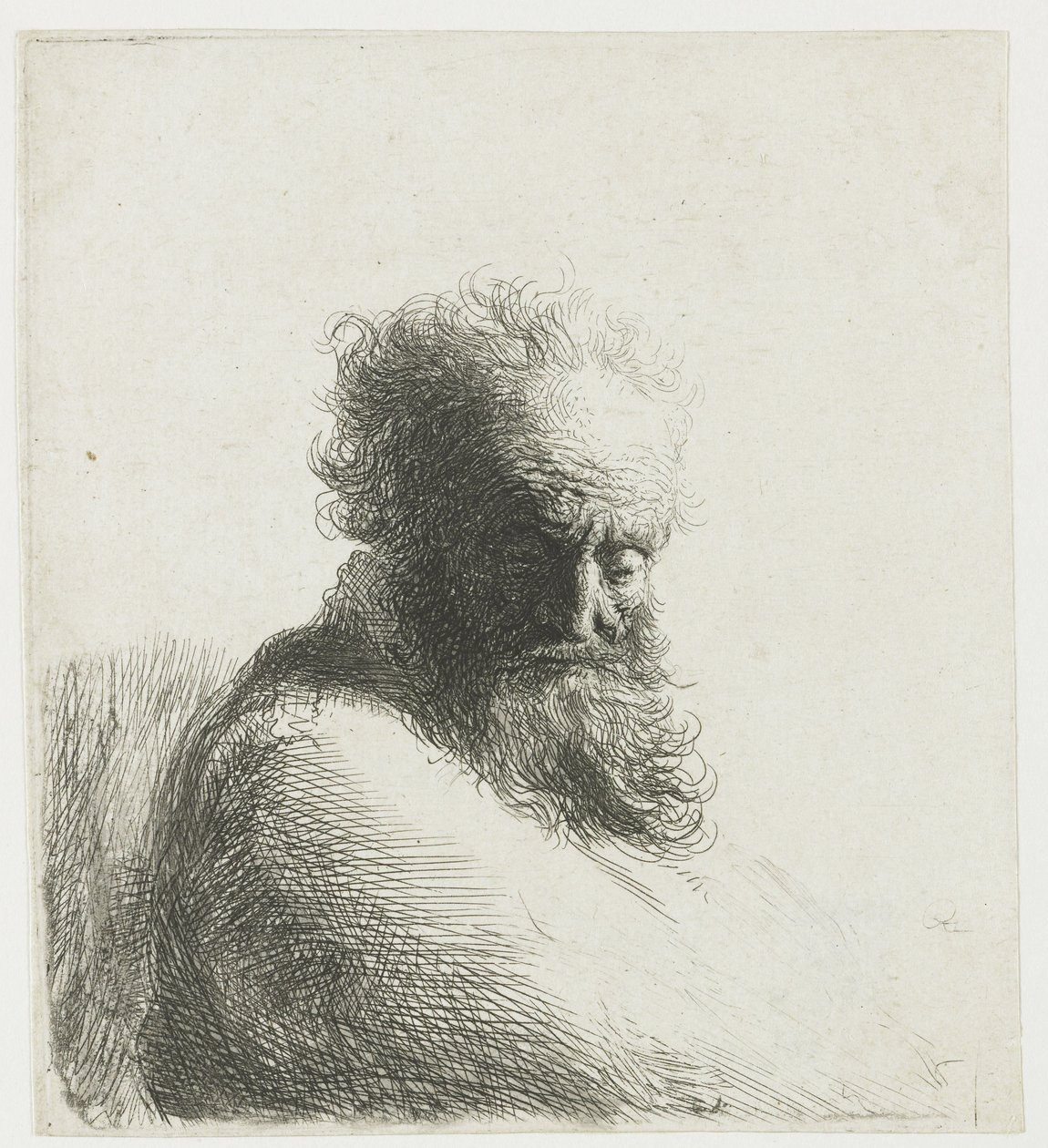 Egy öreg szakállas férfi mellszobra, lenéz, háromnegyed jobbra alkotó: Rembrandt van Rijn