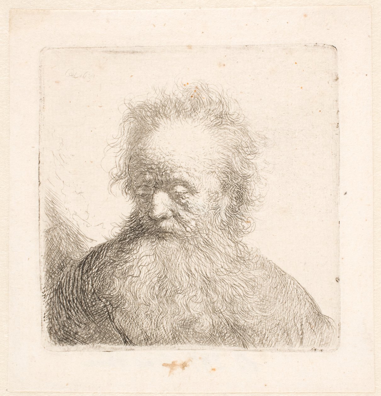 Hosszú szakállú idős férfi mellszobra: a feje szinte egyenesen áll; tekintete lefelé irányul; kissé balra néz alkotó: Rembrandt van Rijn