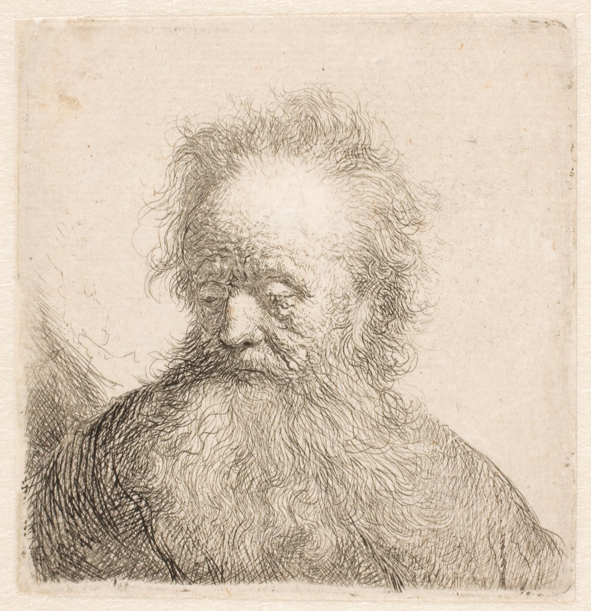 Hosszú szakállú idős férfi mellszobra: a feje szinte egyenesen áll; tekintete lefelé irányul; kissé balra néz alkotó: Rembrandt van Rijn