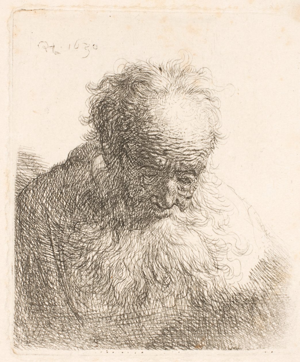 Egy hosszú szakállú idős férfi mellszobra: a feje előre hajlik; a bal váll nem árnyékolt alkotó: Rembrandt van Rijn