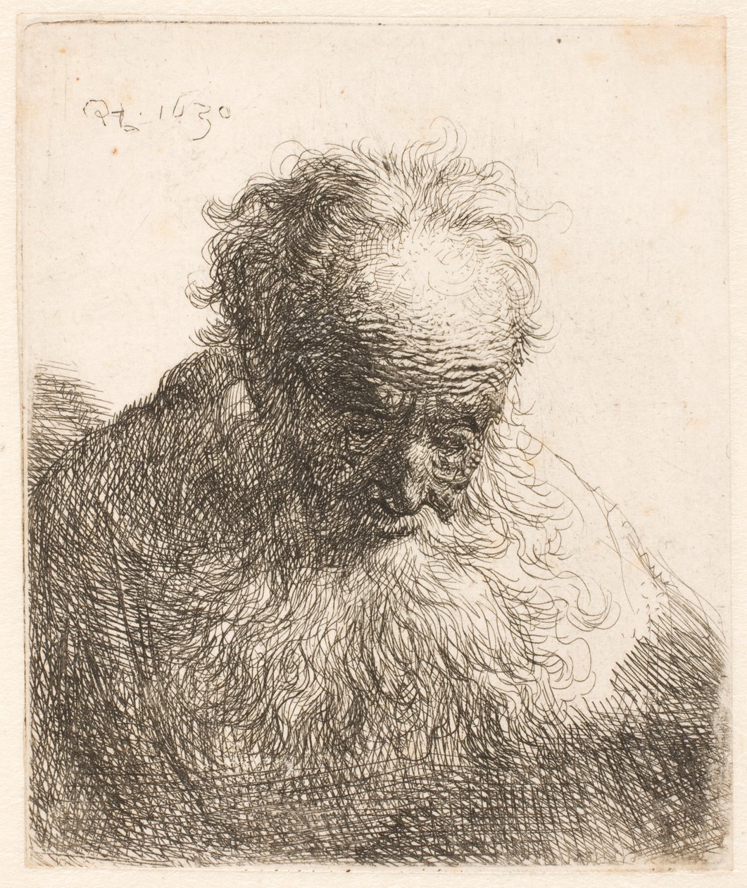 Egy hosszú szakállú idős férfi mellszobra: a feje előre hajlik; a bal váll nem árnyékolt alkotó: Rembrandt van Rijn