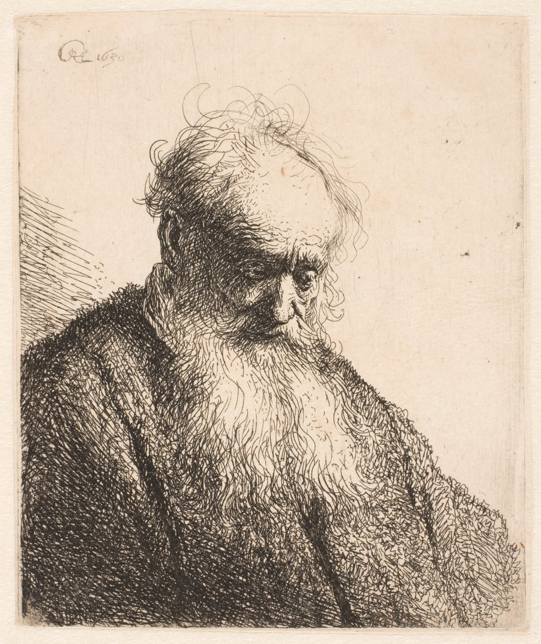 Hosszú szakállú idős férfi mellszobra: a fej háromnegyedre jobbra hajlik alkotó: Rembrandt van Rijn