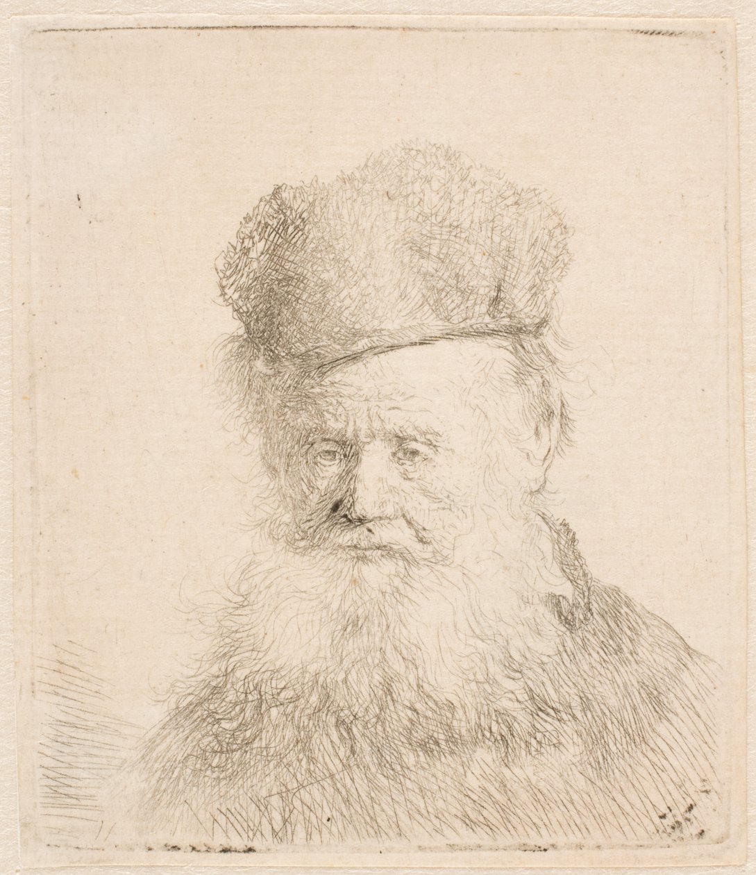 Egy öregember mellszobra, szőrme sapkával és lobogó szakállal: szinte teljes arcnézet: a tekintete egyenesen előre irányul alkotó: Rembrandt van Rijn