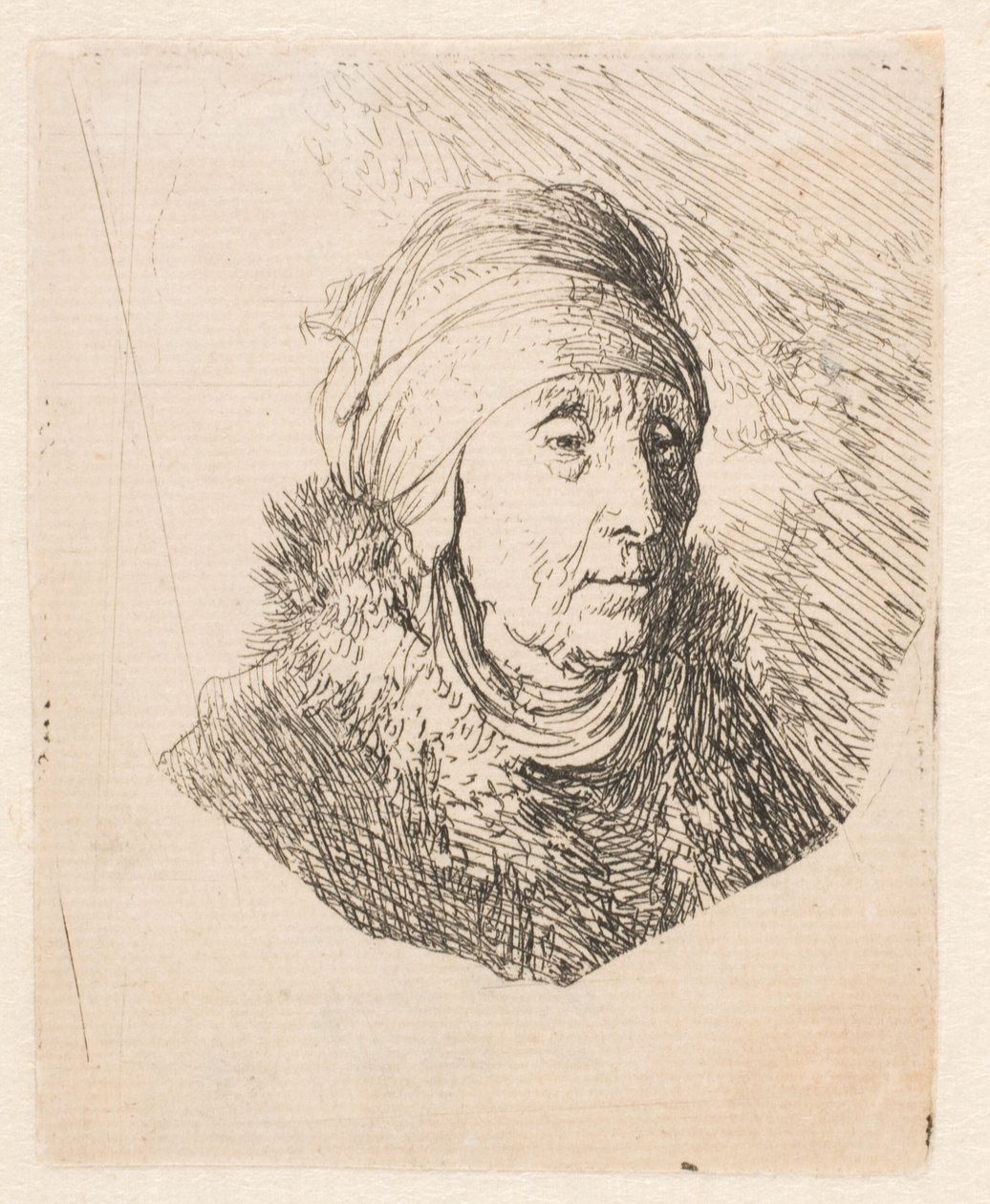 Egy idős asszony mellszobra, magas fejdíszben, amelyet az álláig kötöttek alkotó: Rembrandt van Rijn