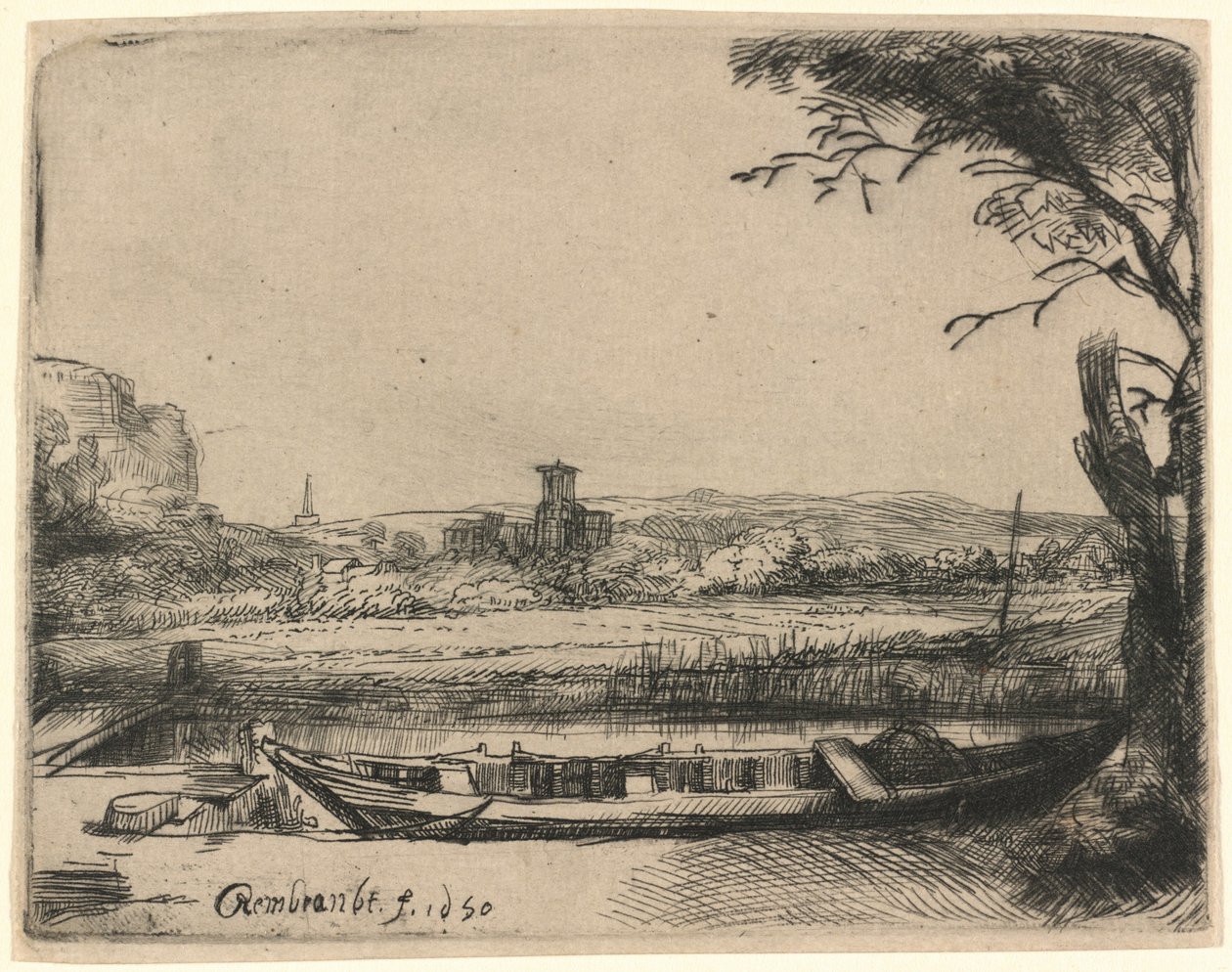 Csatorna egy nagy hajóval és híddal alkotó: Rembrandt van Rijn