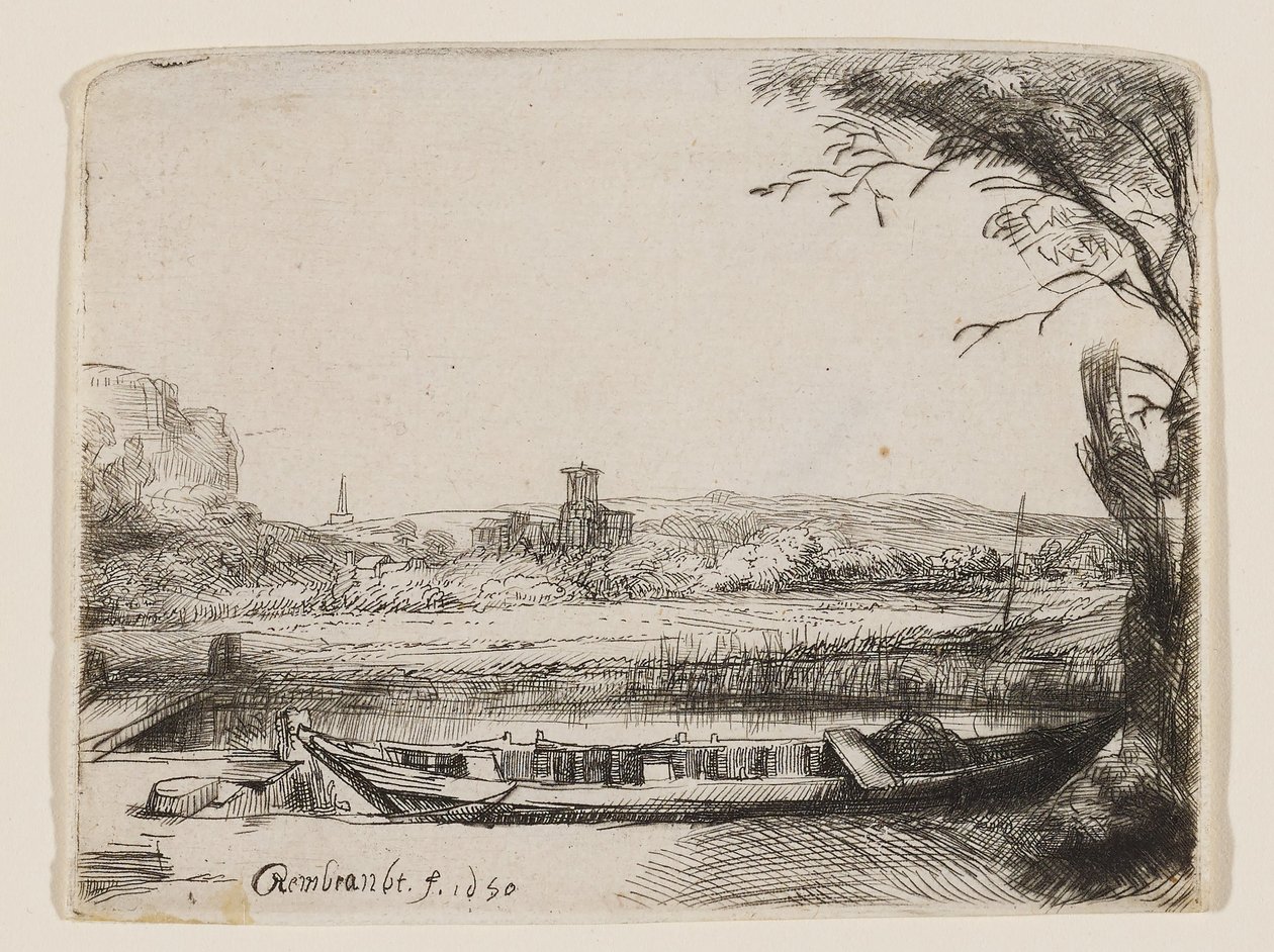 Csatorna egy nagy hajóval és híddal alkotó: Rembrandt van Rijn