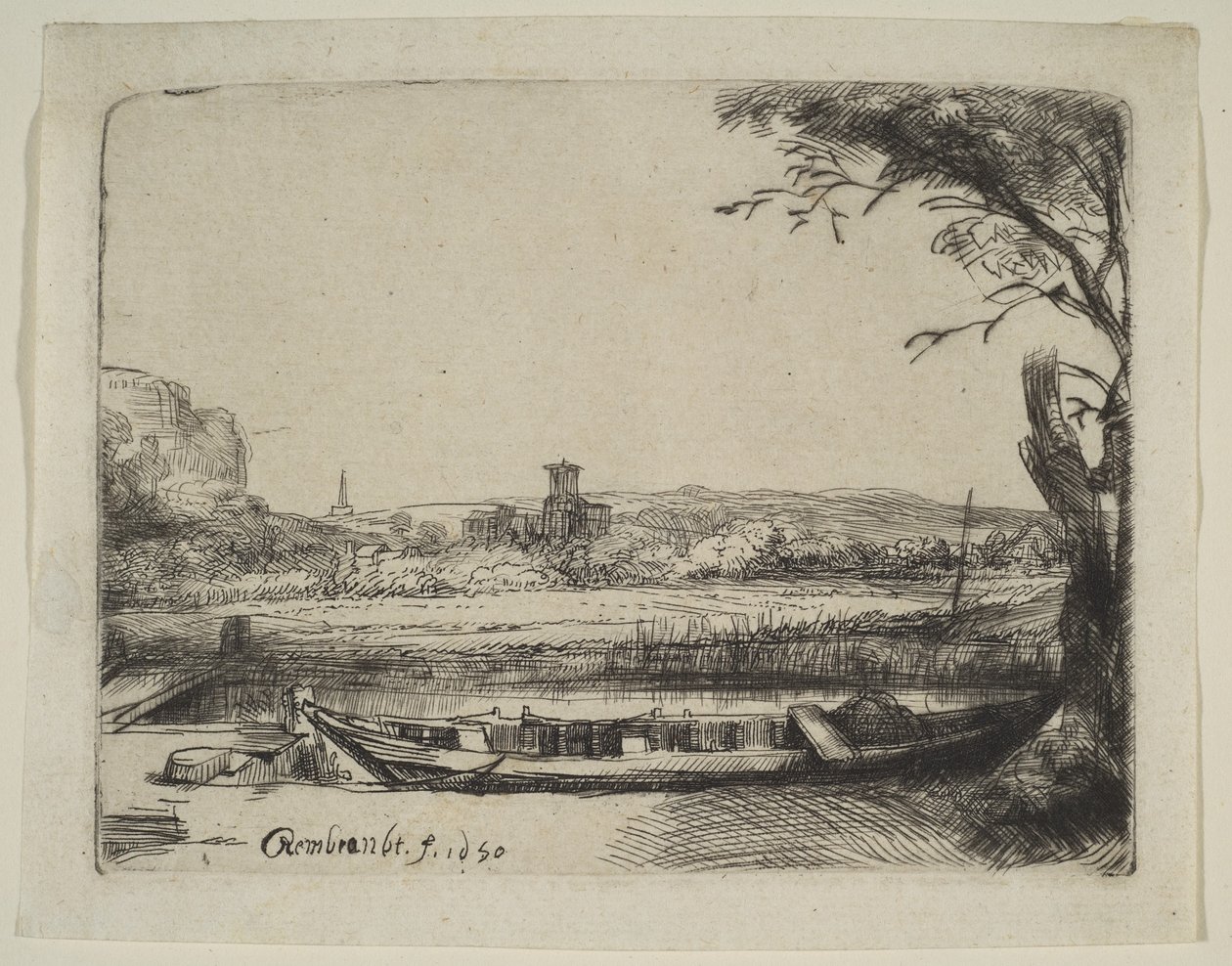 Csatorna egy nagy csónakkal és egy híddal, 1650. alkotó: Rembrandt van Rijn