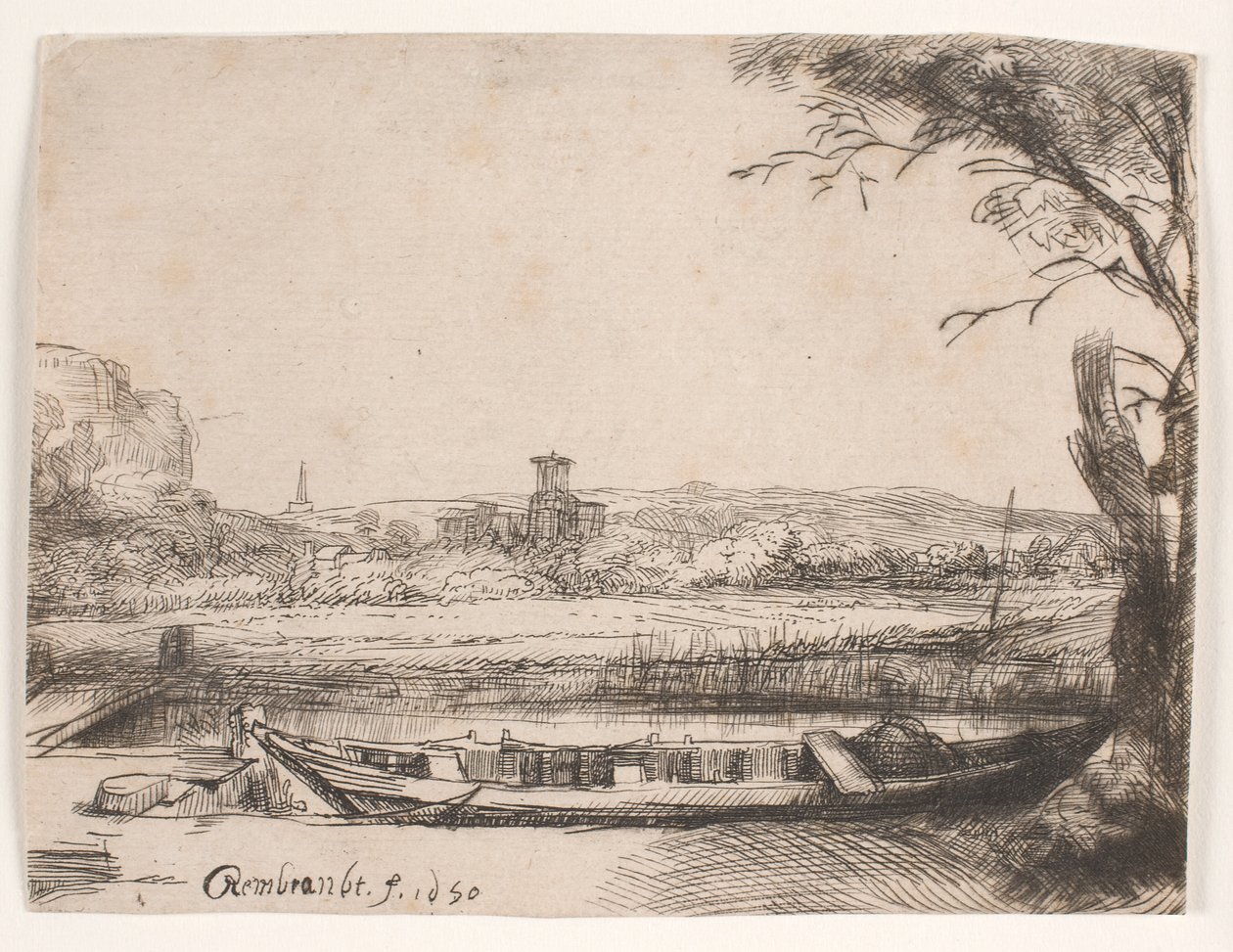 Csatorna egy nagy hajóval és egy híddal alkotó: Rembrandt van Rijn