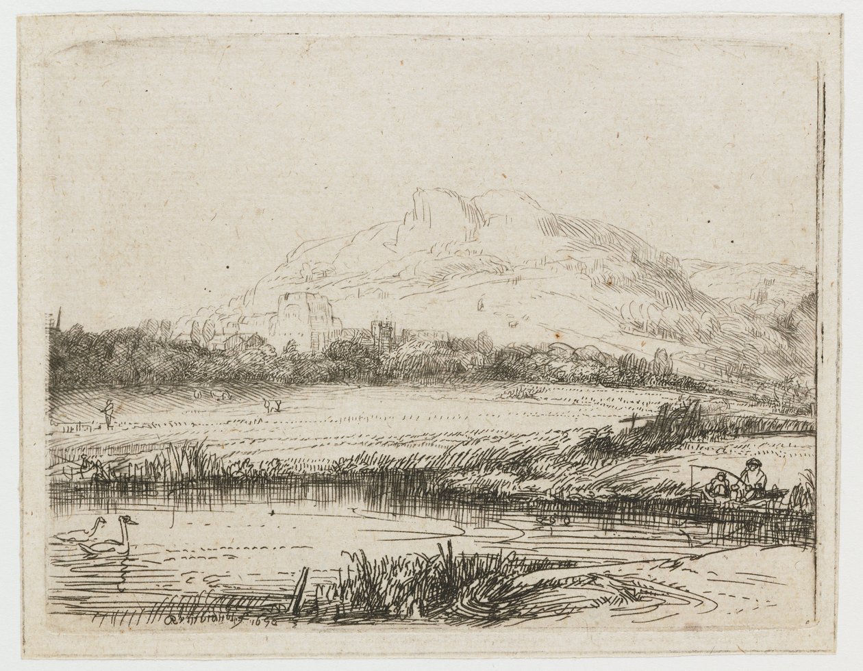 Csatorna horgász és két hattyú Csatorna horgász és két hattyú alkotó: Rembrandt van Rijn