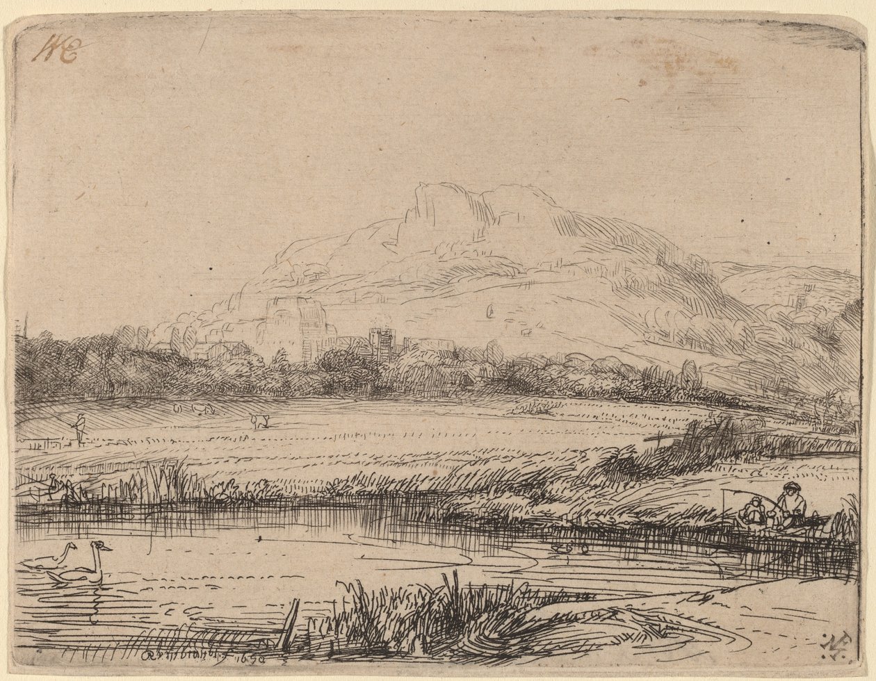 Csatorna horgász és két hattyú alkotó: Rembrandt van Rijn