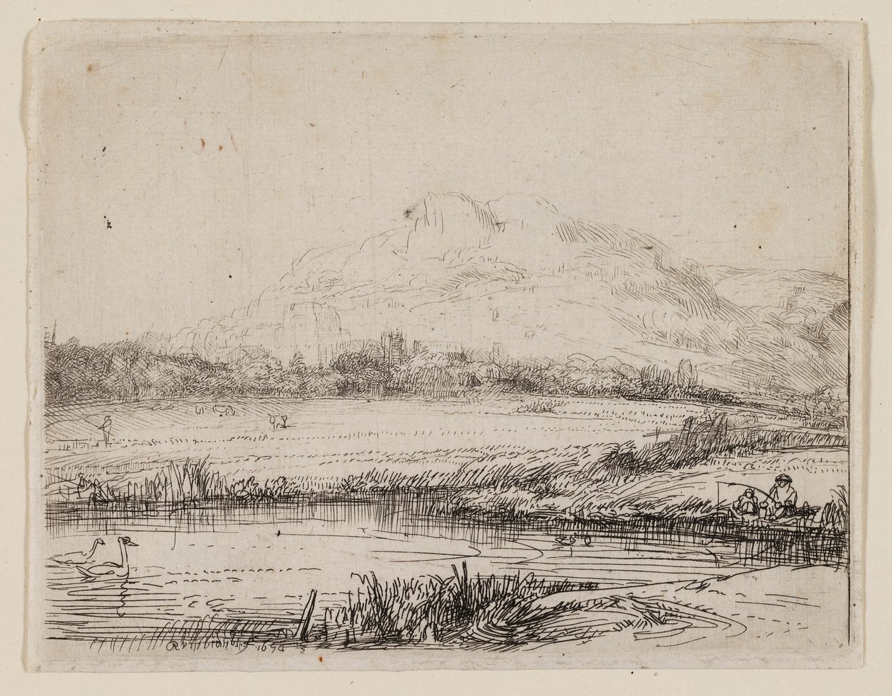 Csatorna horgász és két hattyú alkotó: Rembrandt van Rijn