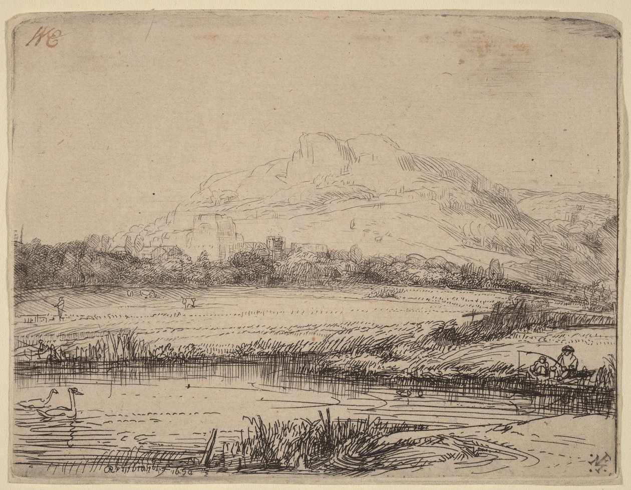Csatorna egy horgásszal és két hattyúval alkotó: Rembrandt van Rijn
