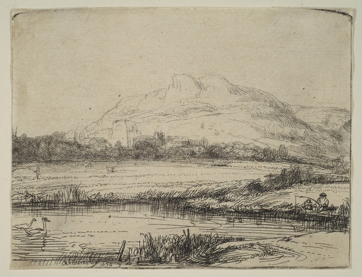 Csatorna horgász és két hattyúval, 1650. alkotó: Rembrandt van Rijn