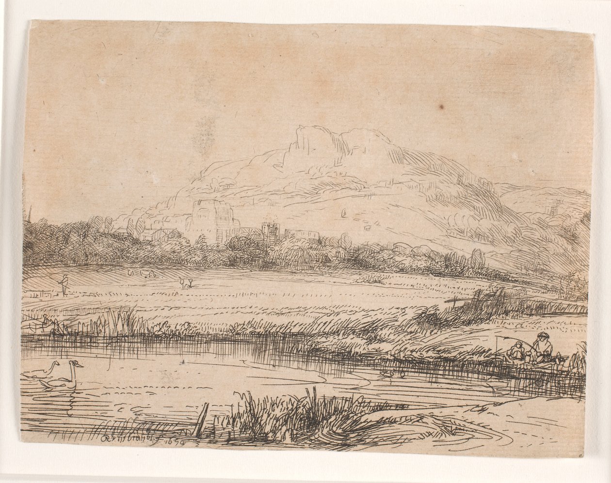 Csatorna egy horgásszal és két hattyúval alkotó: Rembrandt van Rijn