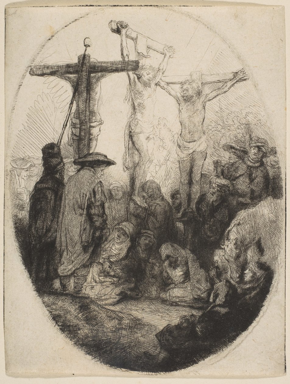 Két tolvaj között keresztre feszített Krisztus, ovális lemez, kb. 1641. alkotó: Rembrandt van Rijn
