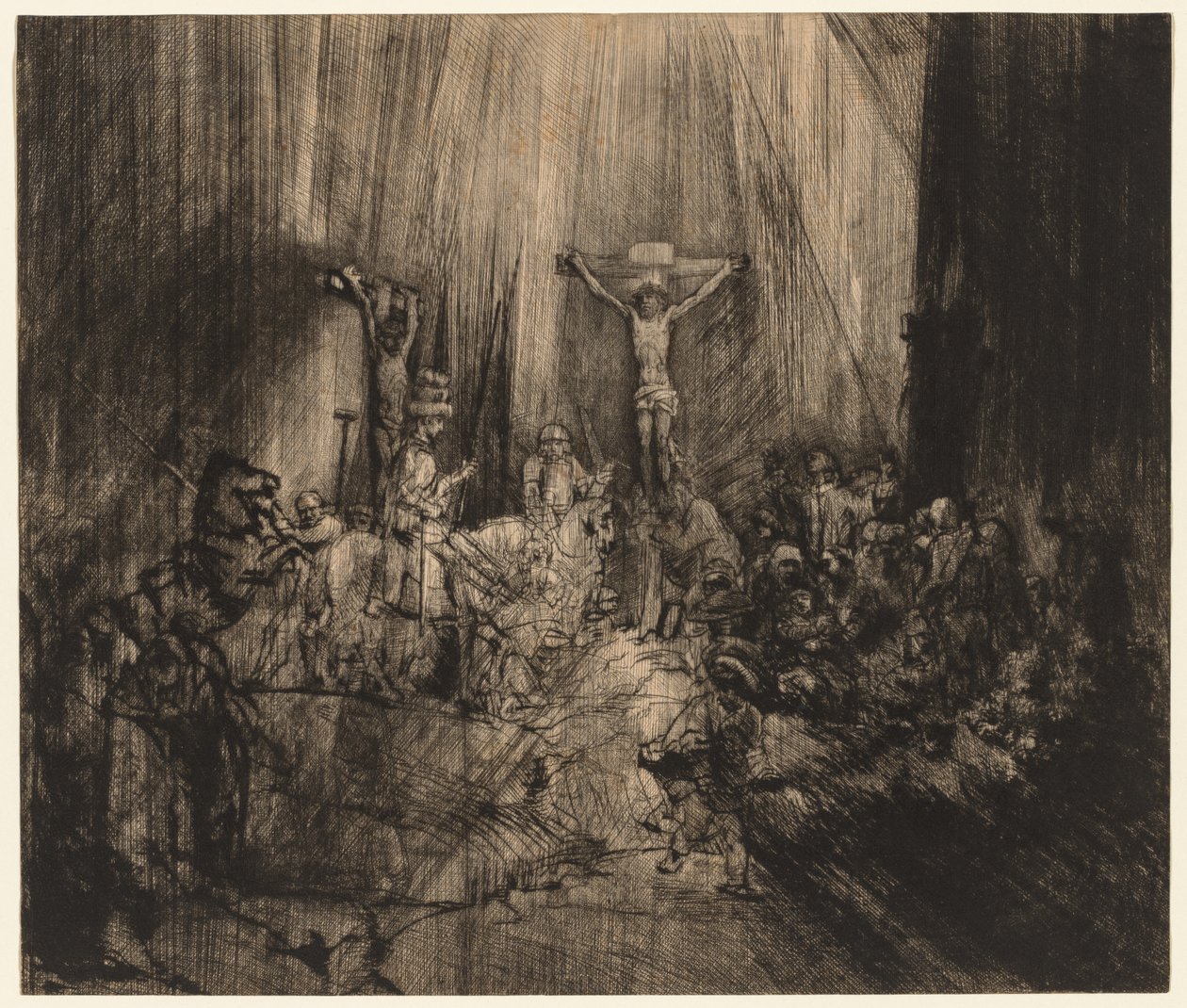 Krisztus keresztre feszítve a két tolvaj között: „A három kereszt” alkotó: Rembrandt van Rijn