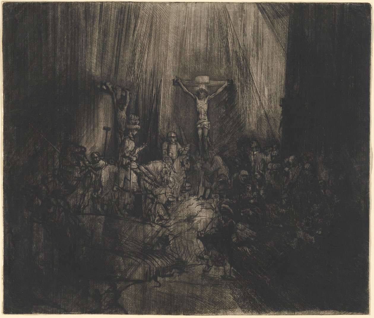 Megfeszített Krisztus a két tolvaj között (a három kereszt) alkotó: Rembrandt van Rijn