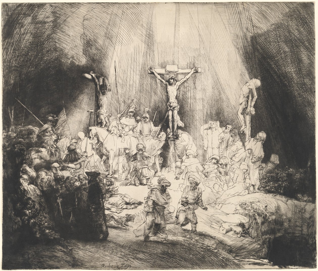 Megfeszített Krisztus a két tolvaj között (a három kereszt) alkotó: Rembrandt van Rijn