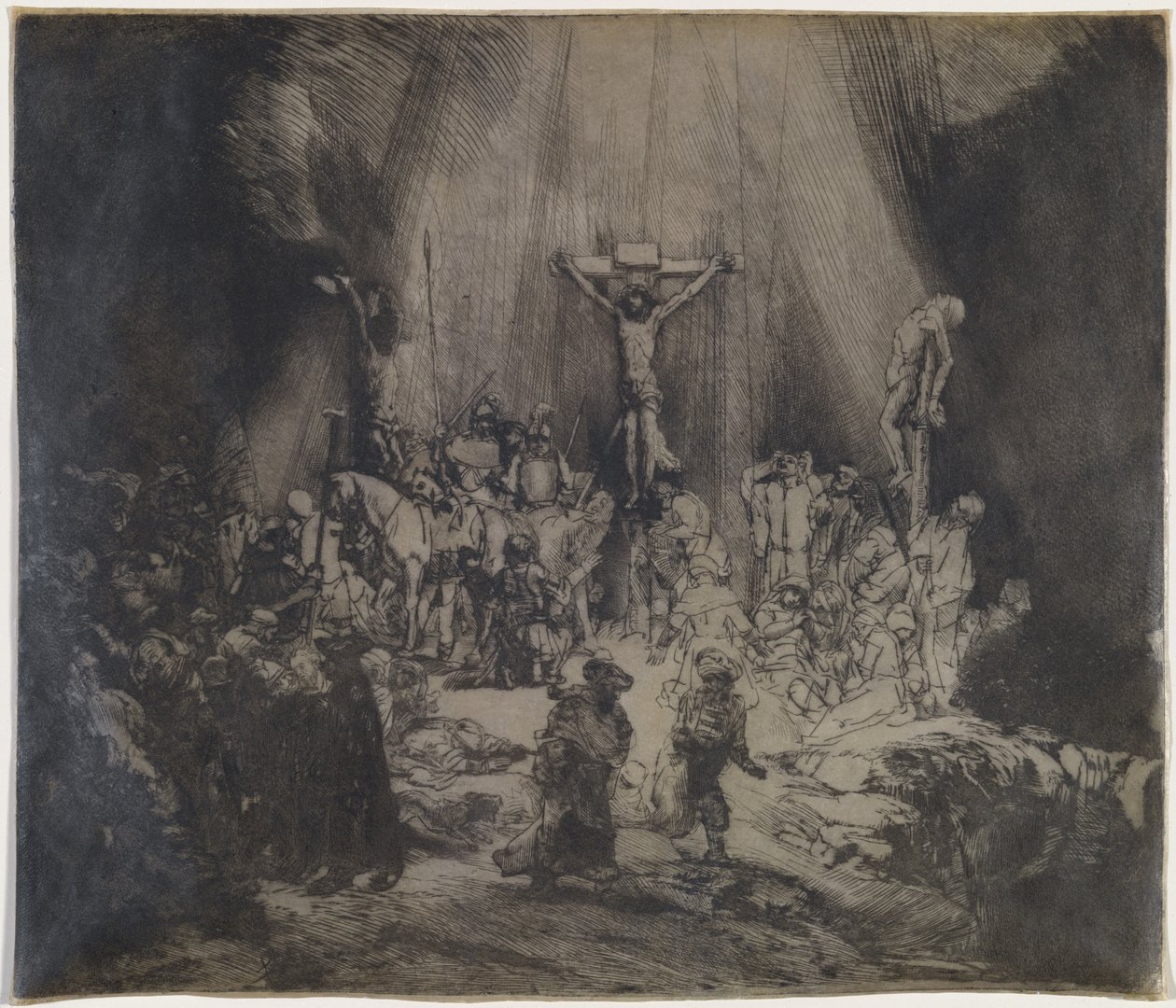 Megfeszített Krisztus a két tolvaj között (a három kereszt) alkotó: Rembrandt van Rijn
