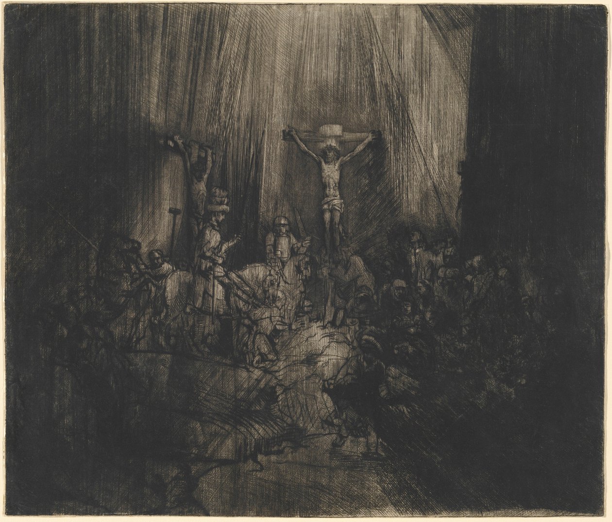 A két tolvaj között keresztre feszített Krisztus (A három kereszt) alkotó: Rembrandt van Rijn