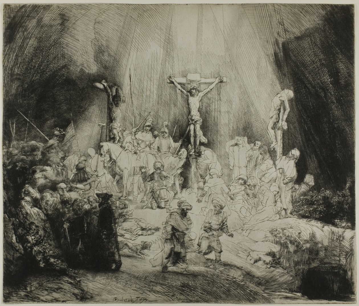 Megfeszített Krisztus a két tolvaj között: "A három kereszt" alkotó: Rembrandt van Rijn