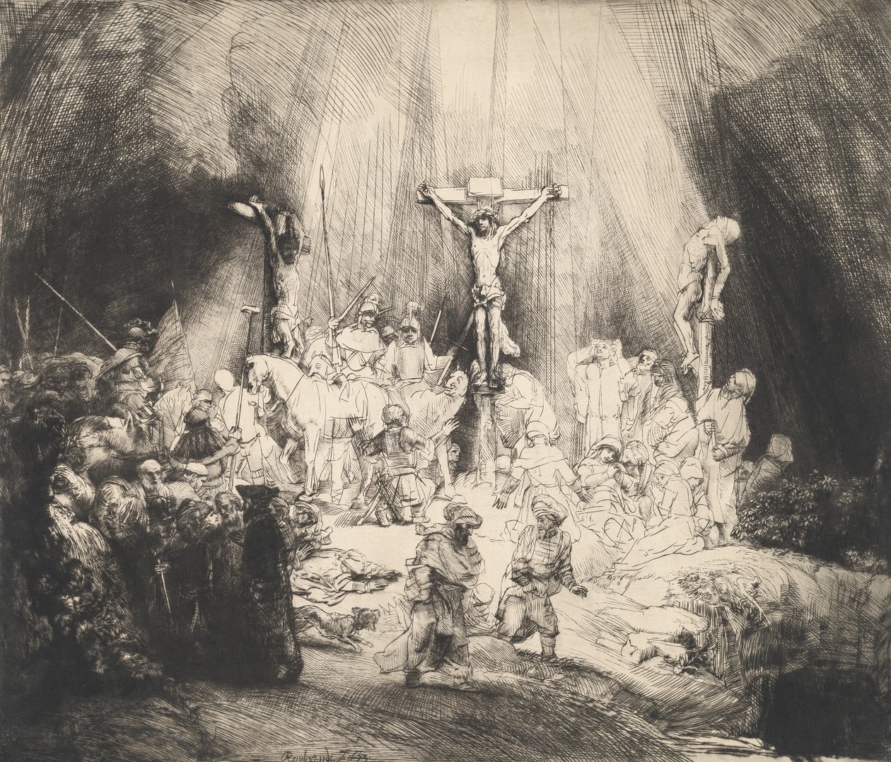 Megfeszített Krisztus a két tolvaj között A három kereszt, 1653. alkotó: Rembrandt van Rijn