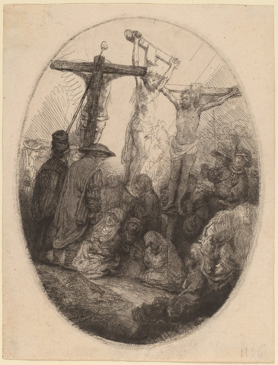 Megfeszített Krisztus a két tolvaj között: egy ovális tányér alkotó: Rembrandt van Rijn