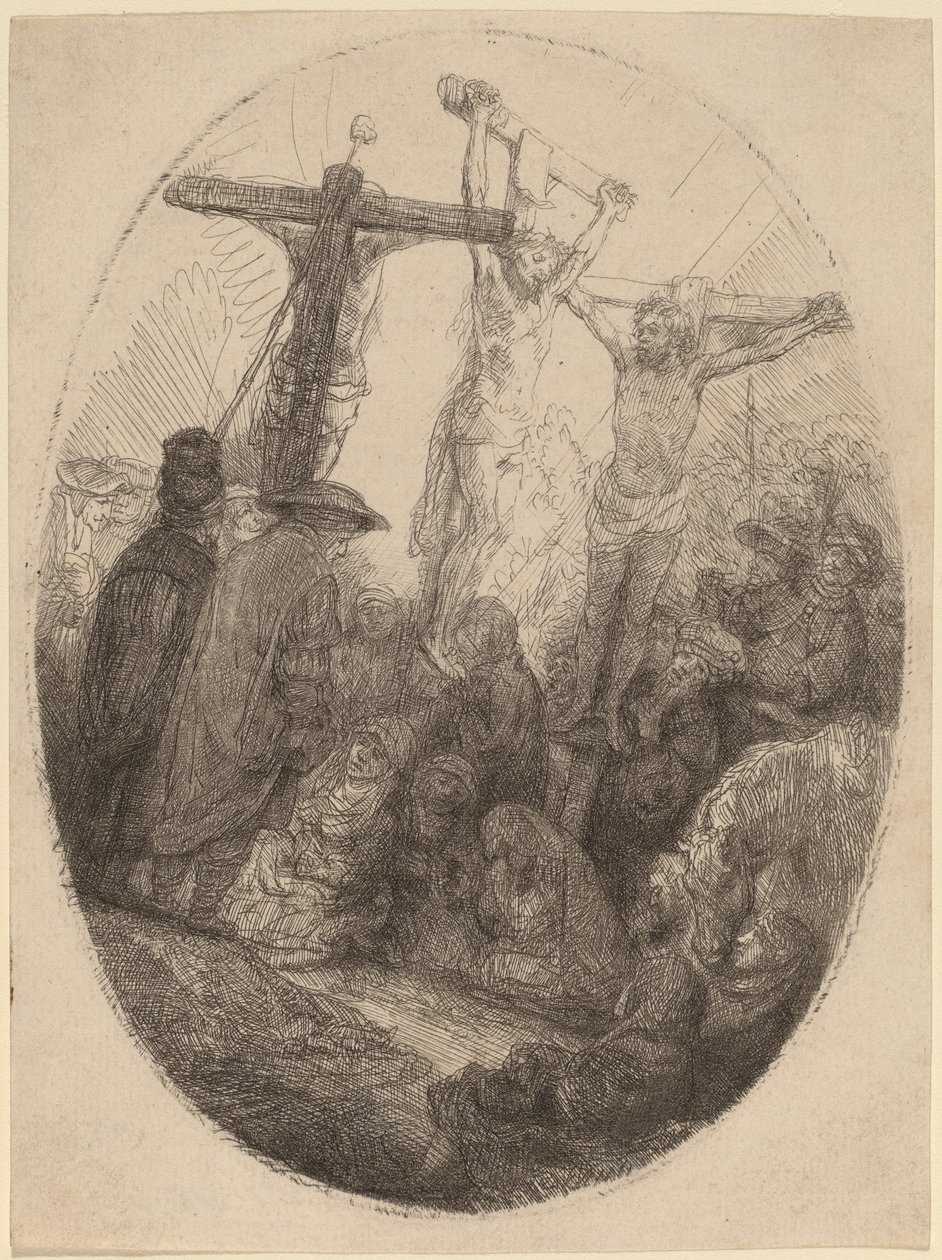 Megfeszített Krisztus a két tolvaj között: egy ovális tányér alkotó: Rembrandt van Rijn