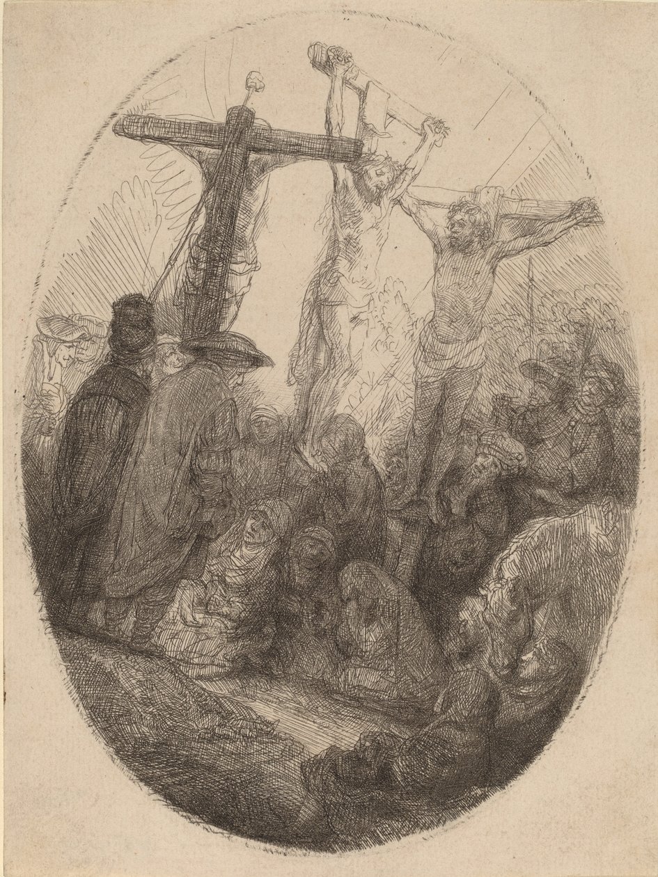 Megfeszített Krisztus a két tolvaj között: egy ovális tányér, c. 1641. alkotó: Rembrandt van Rijn
