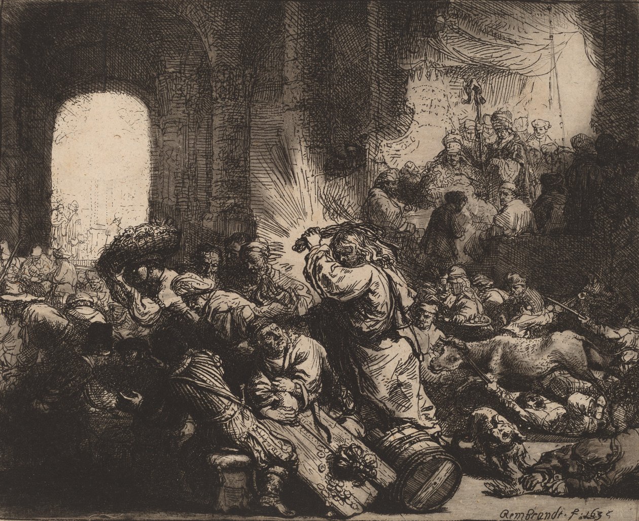 Krisztus kiűzi a pénzváltókat a templomból, 1635. alkotó: Rembrandt van Rijn