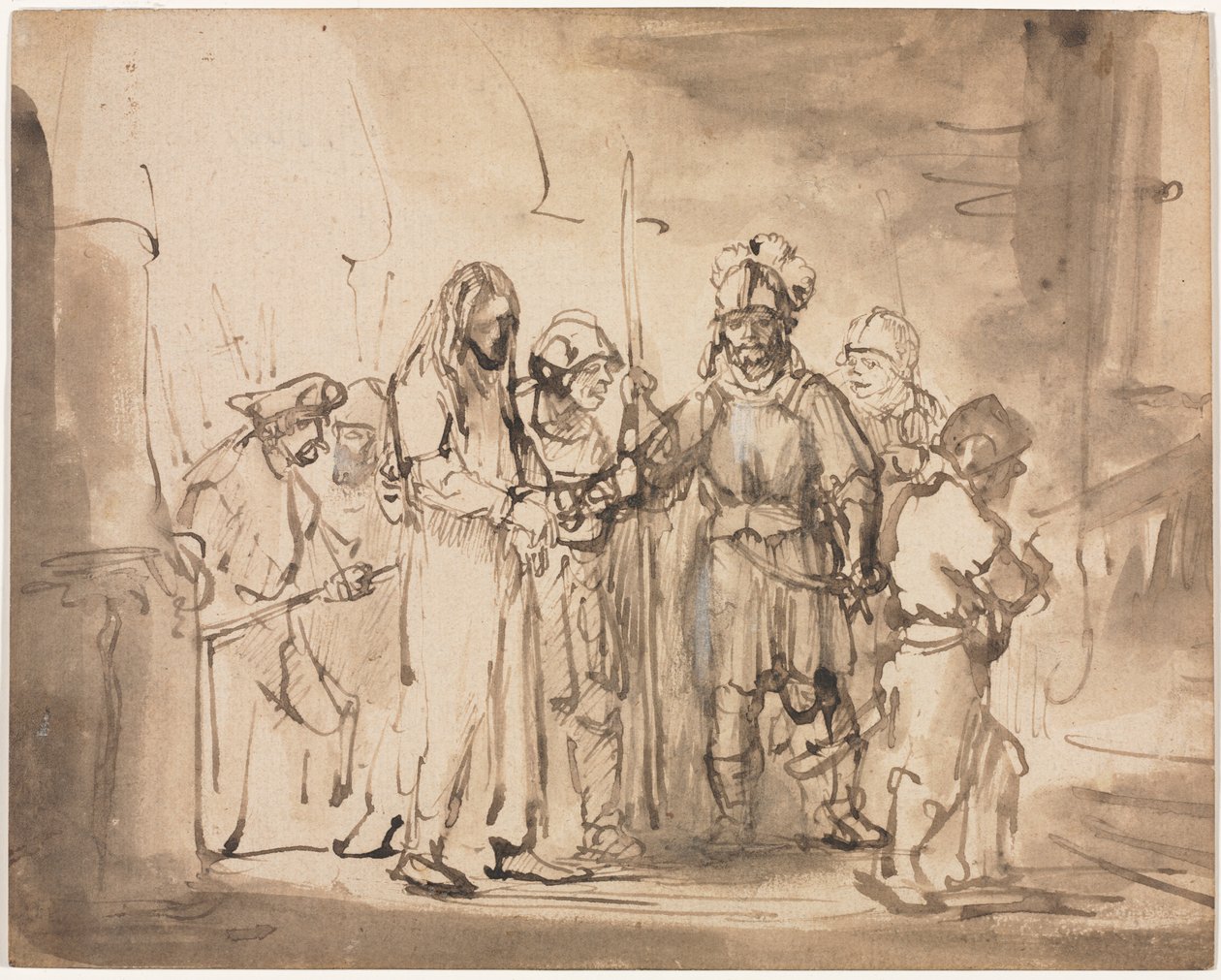 Krisztust Kajafás elé vitték alkotó: Rembrandt van Rijn