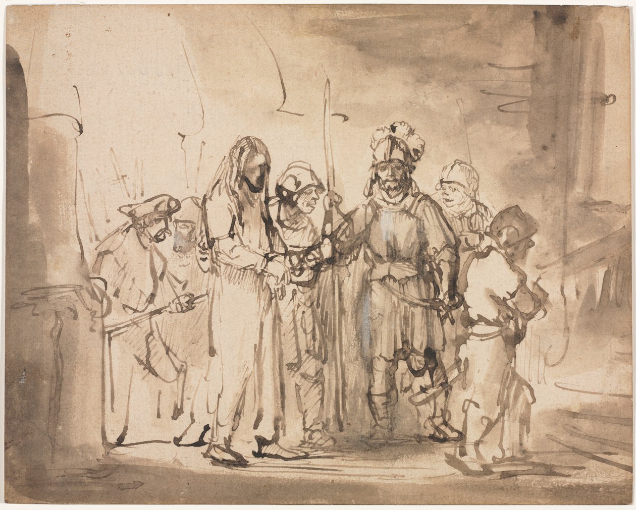 Krisztust Kajafás elé vitték alkotó: Rembrandt van Rijn