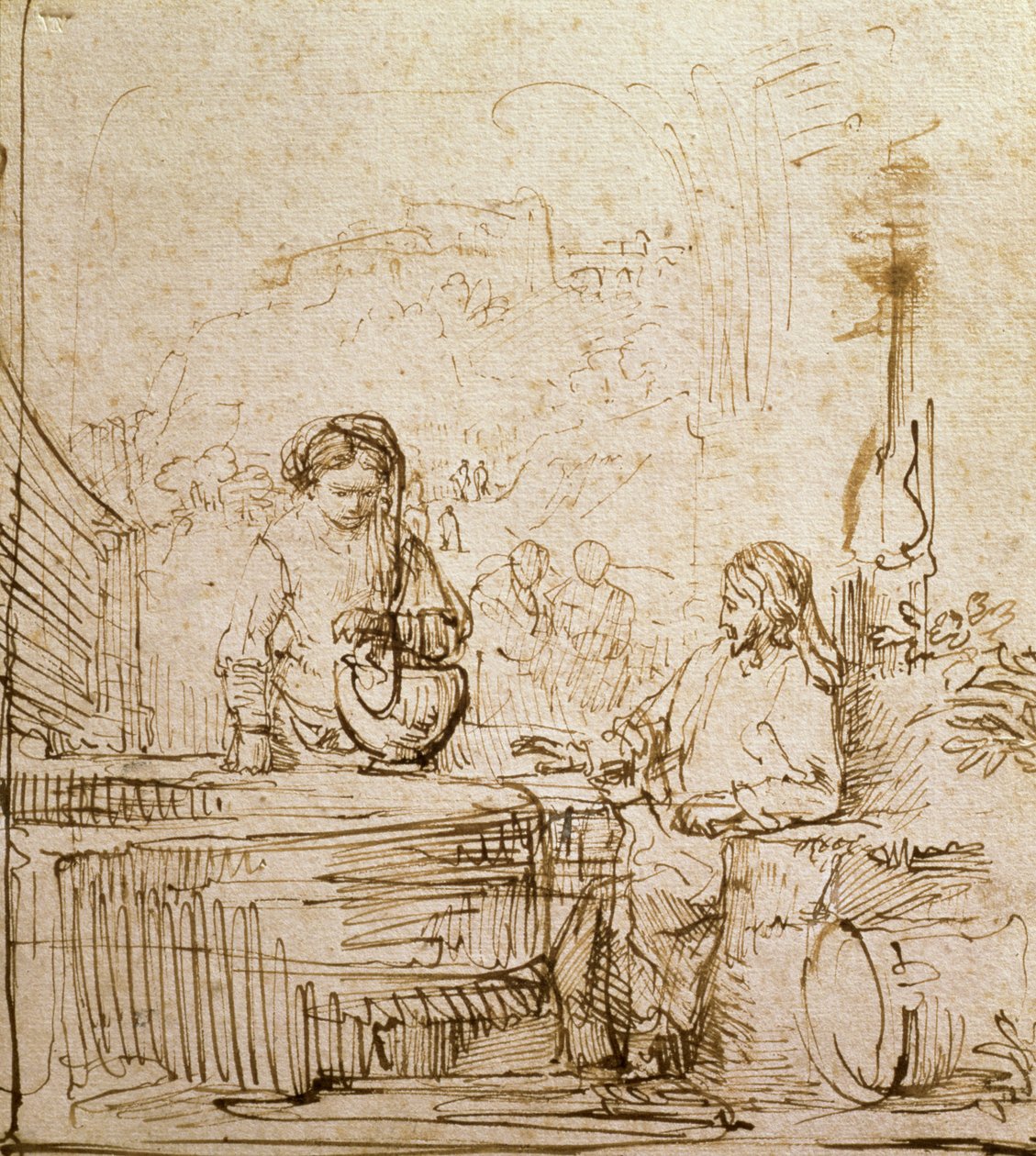 Krisztus és a szamáriai asszony (toll és barna tinta papíron) alkotó: Rembrandt van Rijn